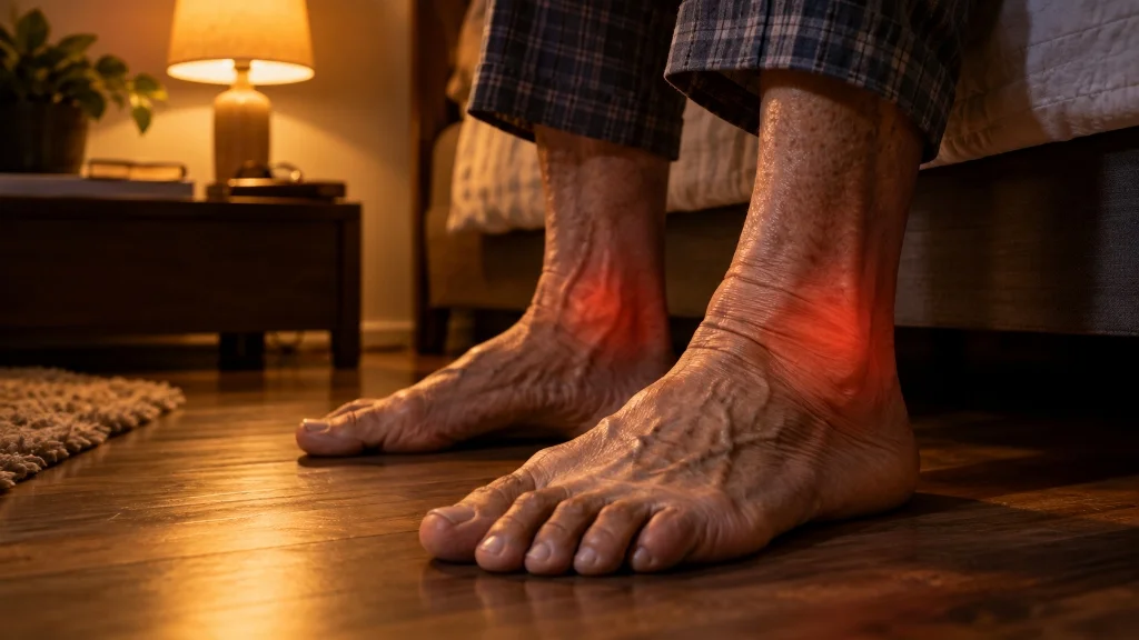 Bare feet on wooden floor with nerve pain glowing effect
